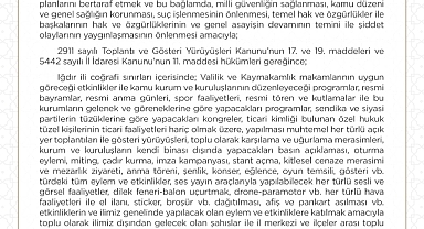 Iğdır Valiliği'nden 10-14 Ekim Tarihleri Arasında Etkinlik Yasağı