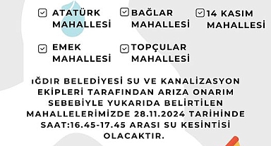Iğdır Belediyesi’nden Su Kesintisi Duyurusu: Arıza Onarımı Yapılacak